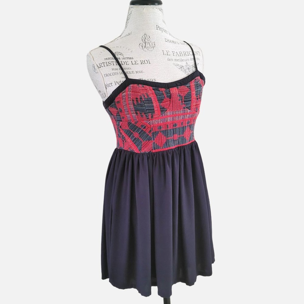UO Staring at Stars Red and Navy Fit and Flare Embroidered Mini Dress - …